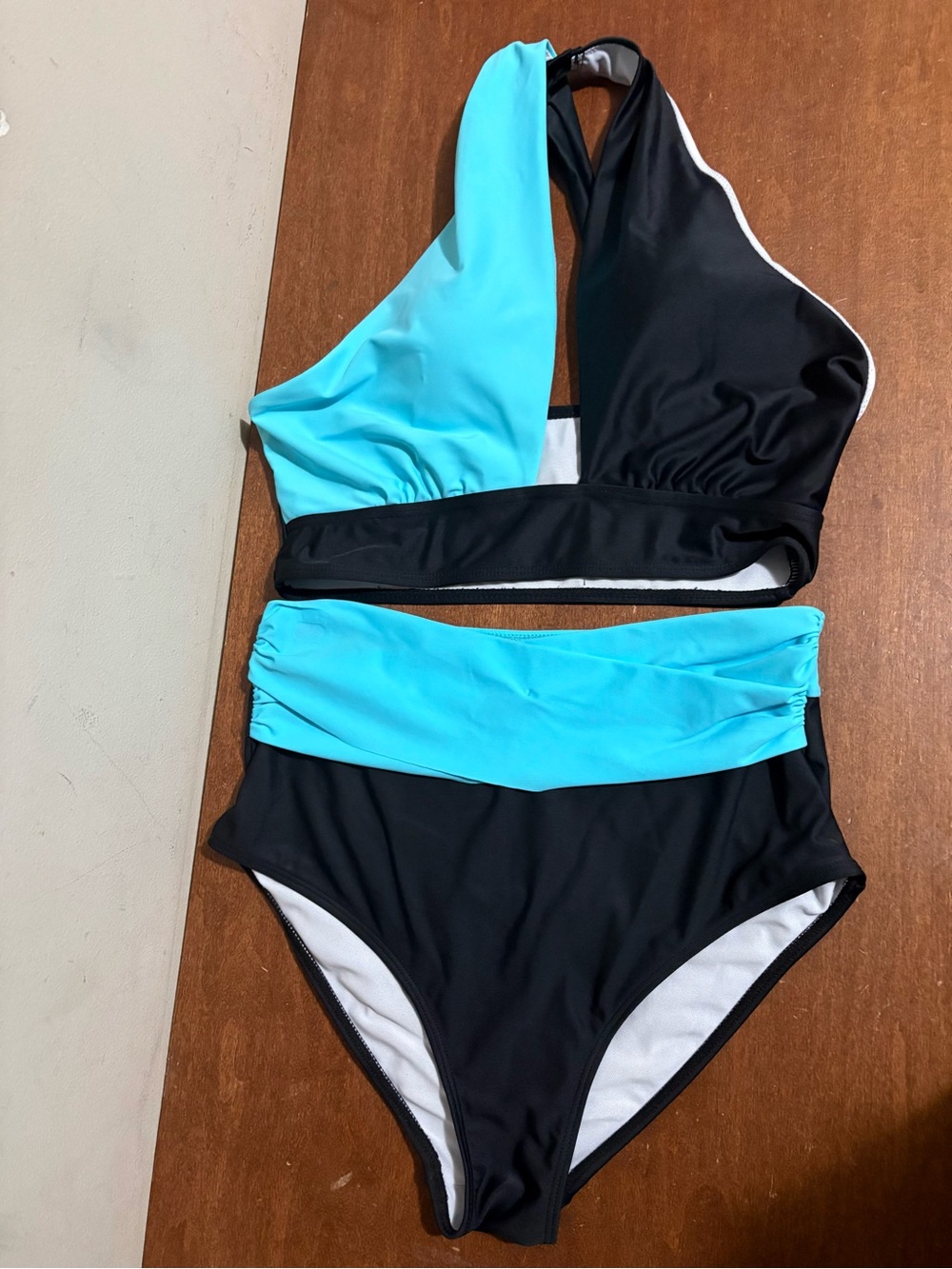 Black & Aqua High-Waist Halter Swim Set